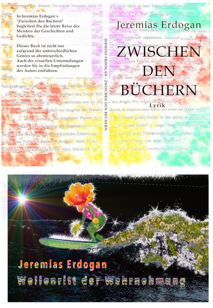 Abbildung der Buchcover „Zwischen den Büchern“ und „Wellenritt der Wahrnehmung“ von Jeremias Erdogan im Bereich Publikationen.